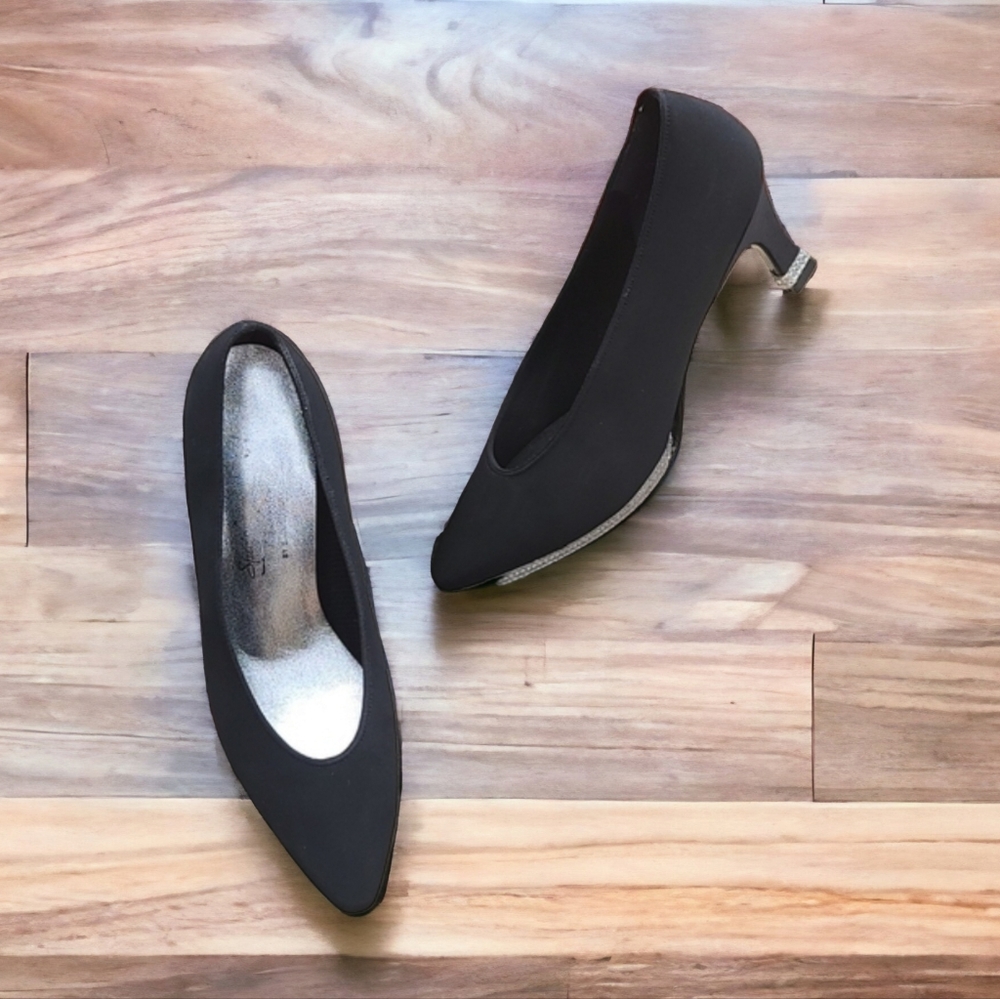 VINTAGE SAUGUS Black Neoprene Rhinestone Wrapped Heels 9 Wedding Pumps Shoes - Picture 13 of 15